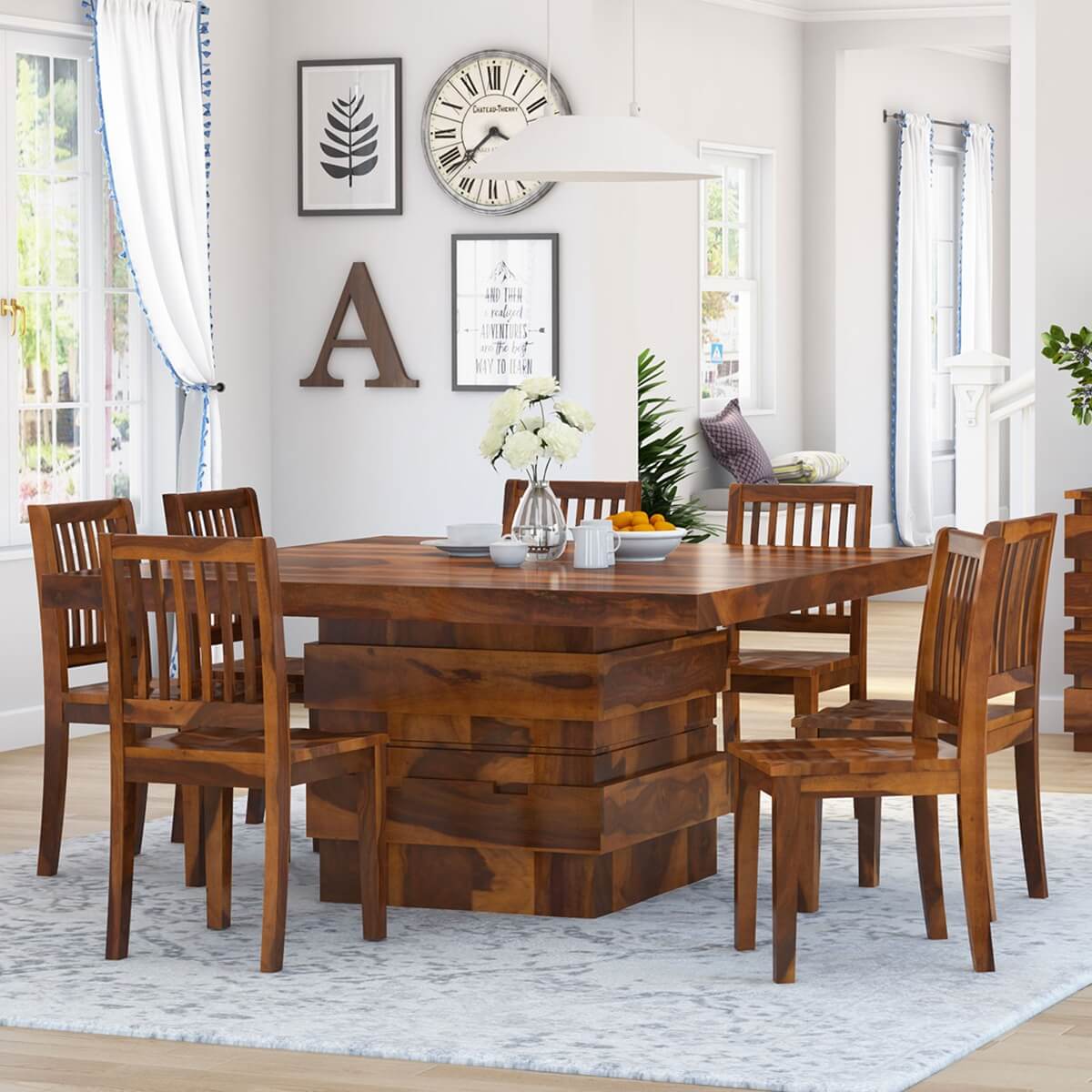 Louis Solid Wood Dining Table Set With 8 Chairs In Natural Finish