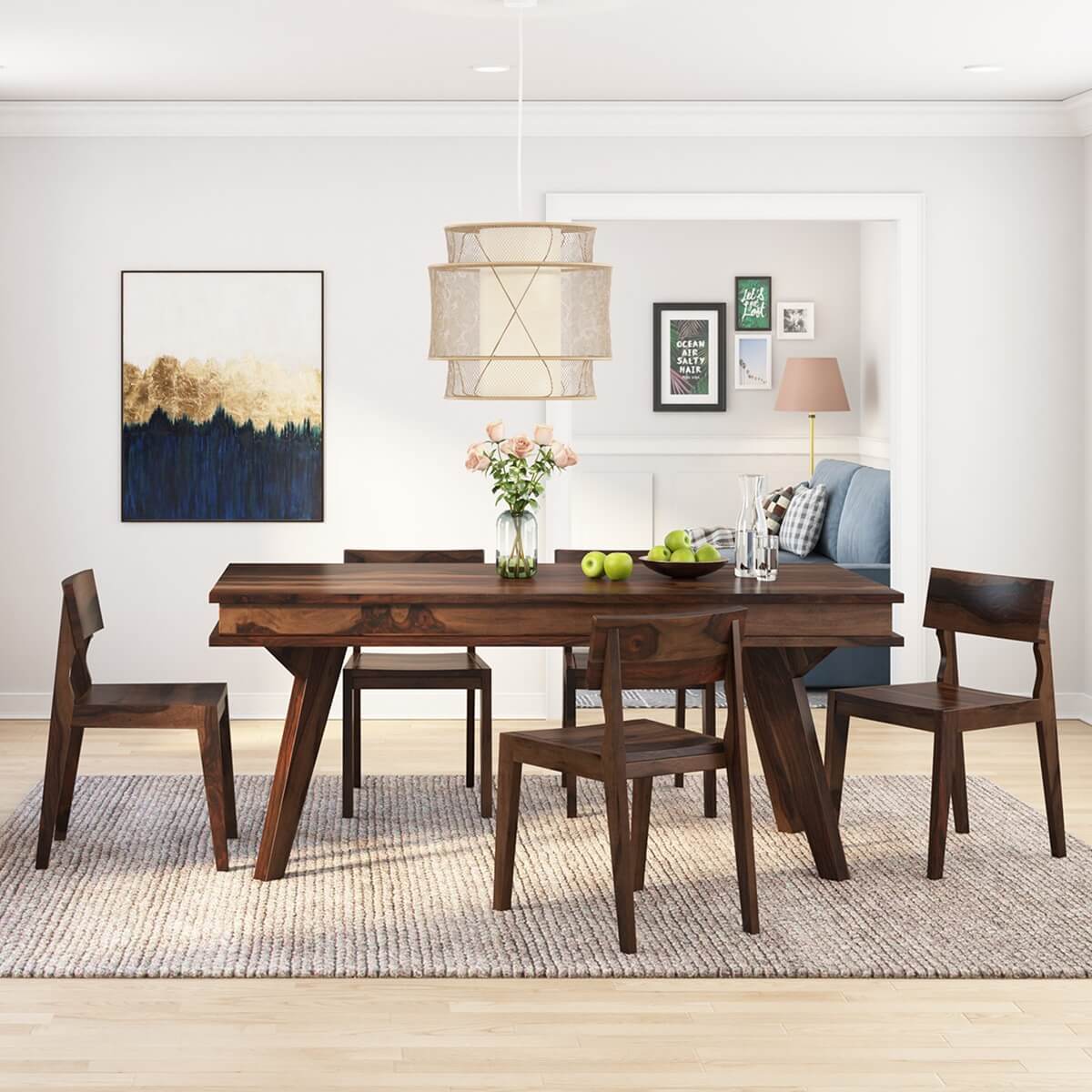 Tempu Solid Wood Dining Table Set With 6 Chairs In Walnut Finish