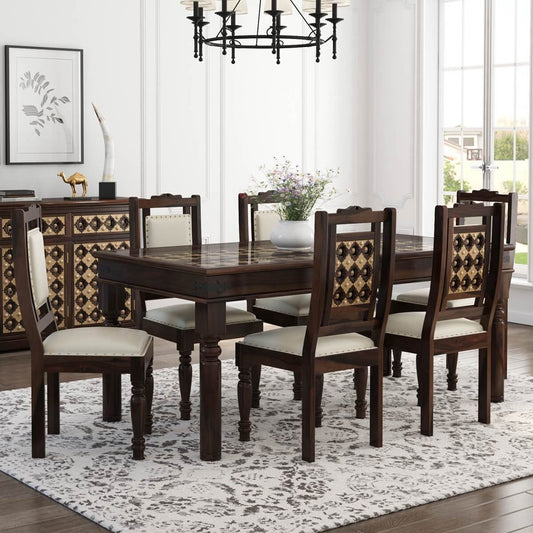 Niksa Royale Solid Wood Brass Inlay Dining Table Set With 6 Chair In Walnut Finish