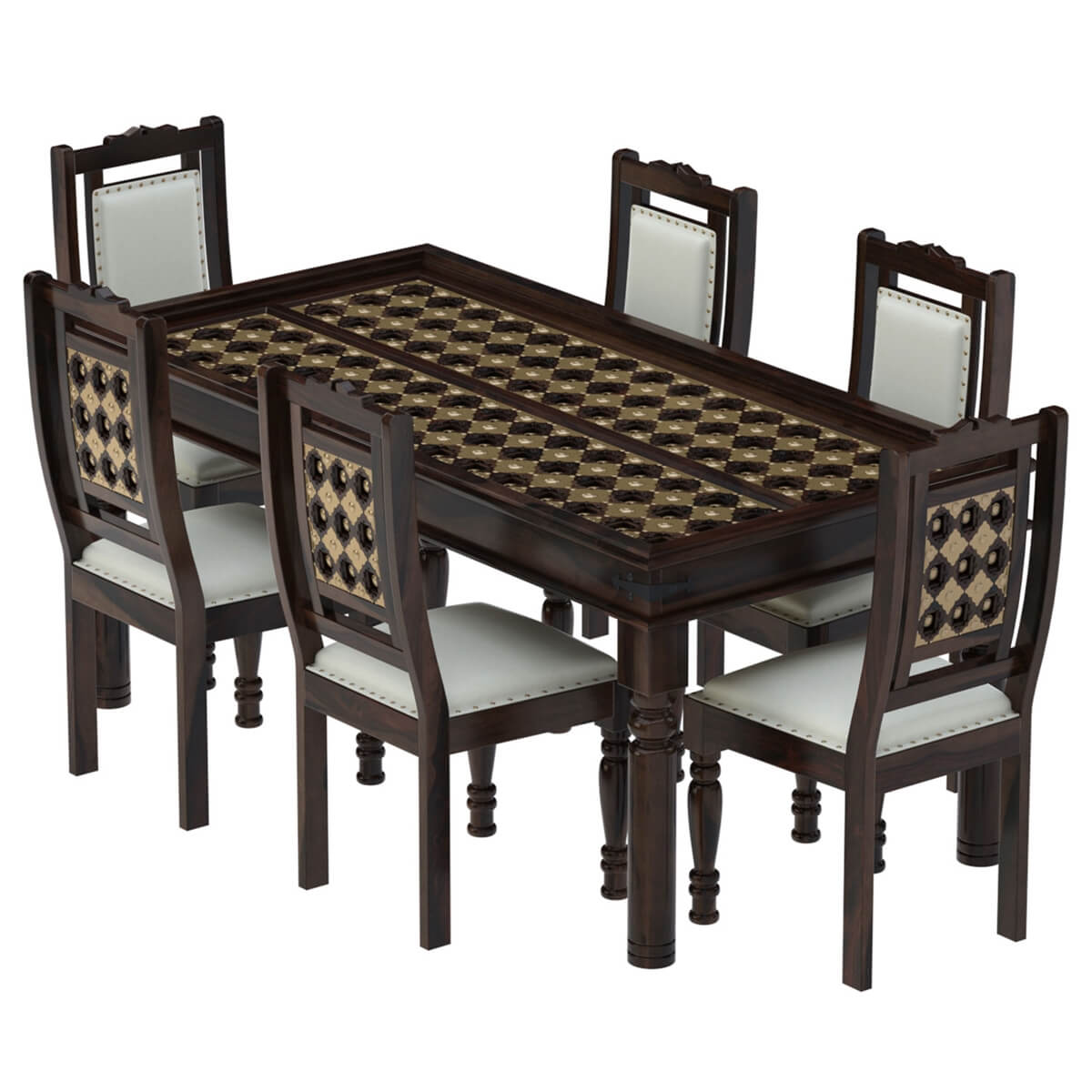 Niksa Royale Solid Wood Brass Inlay Dining Table Set With 6 Chair In Walnut Finish