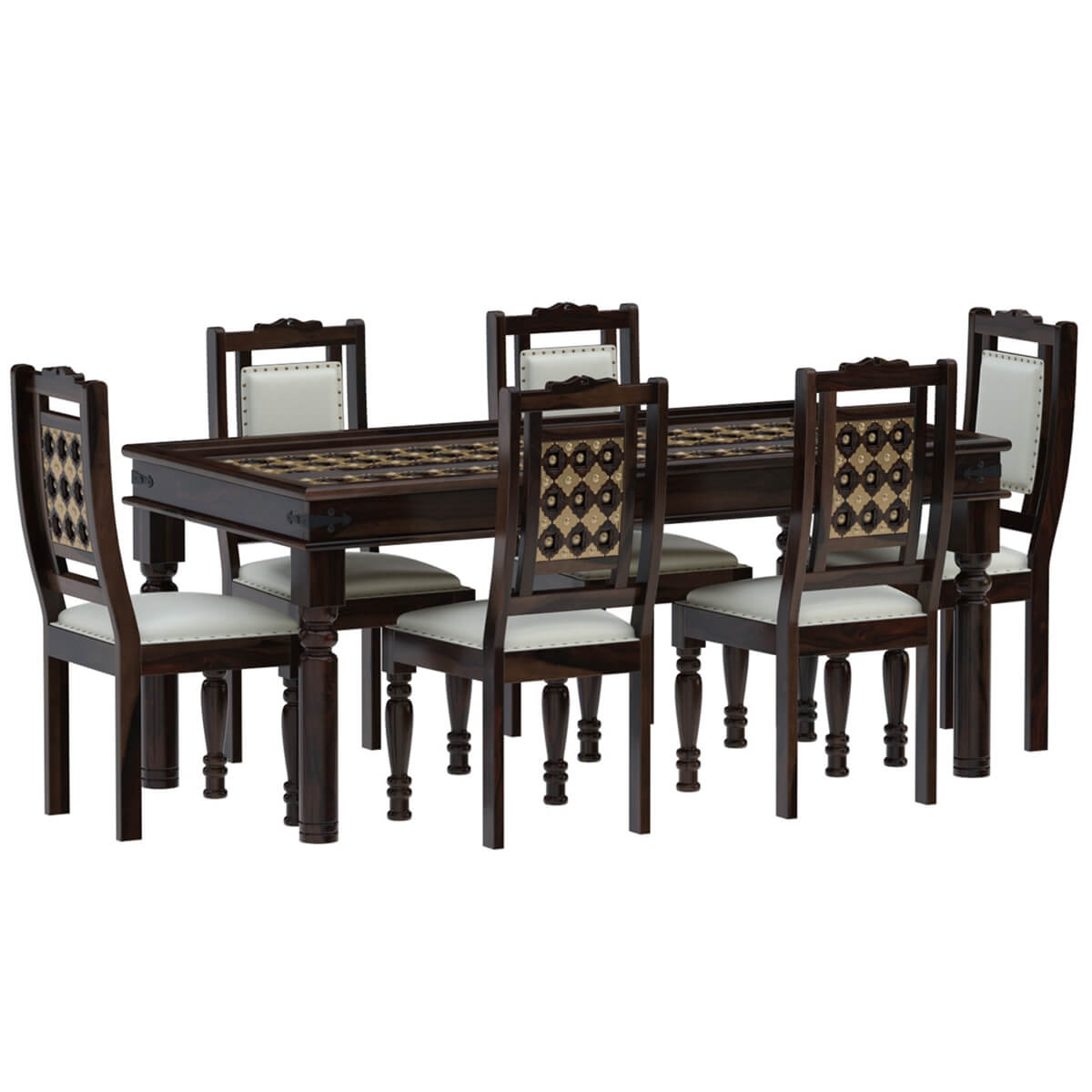 Niksa Royale Solid Wood Brass Inlay Dining Table Set With 6 Chair In Walnut Finish