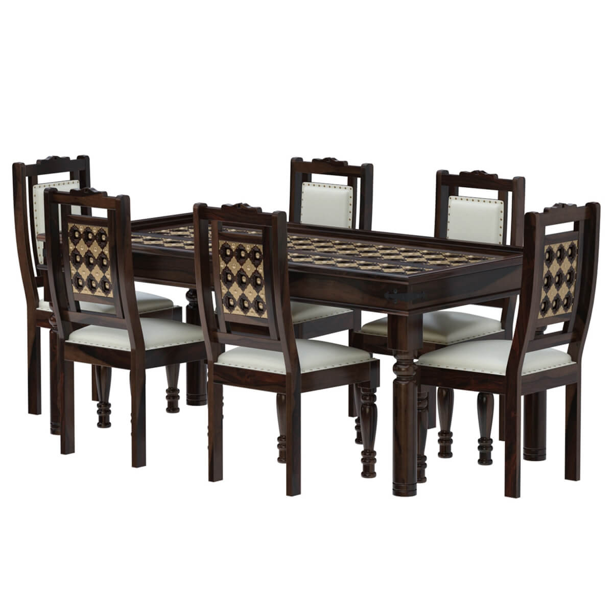 Niksa Royale Solid Wood Brass Inlay Dining Table Set With 6 Chair In Walnut Finish