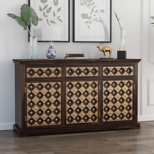 niksa royale solid wood brass inlay sideboard in walnut finish