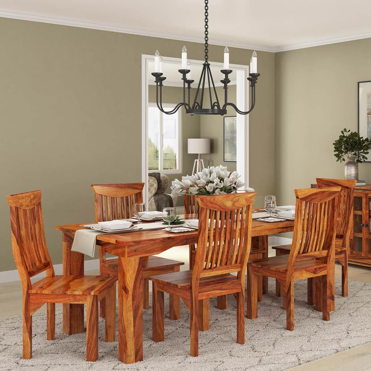 Stanford Solid Wood Dining Table Set With 6 Chairs In Natural Finish