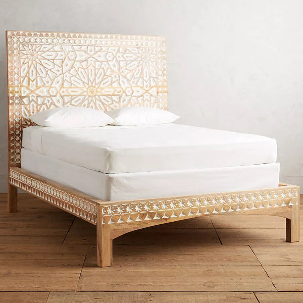 admire carved solid mango wood bed in white finish