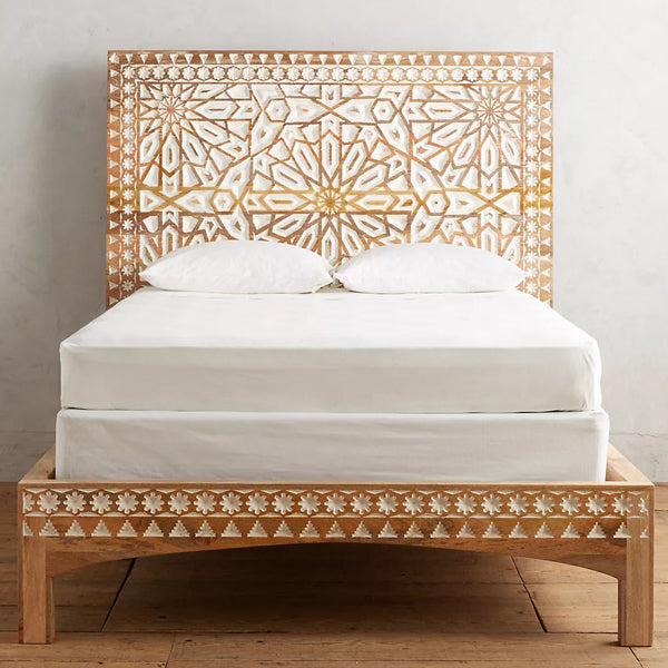 admire carved solid mango wood bed in white finish