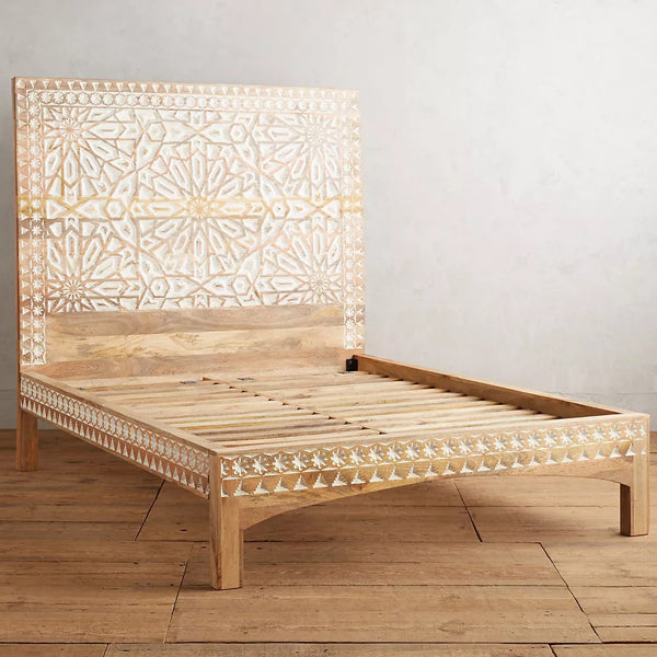 admire carved solid mango wood bed in white finish