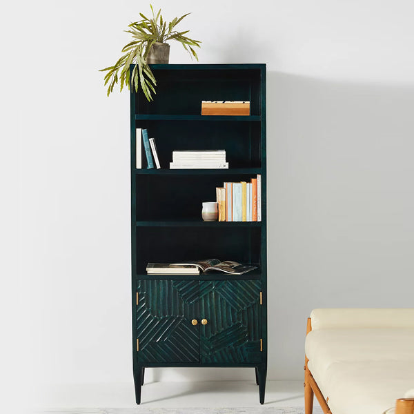 hastkala solid wood carved bookcase in indigo finish