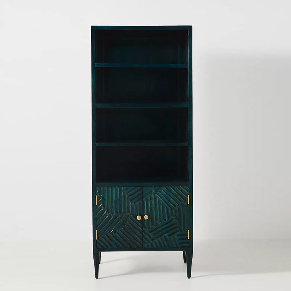 hastkala solid wood carved bookcase in indigo finish