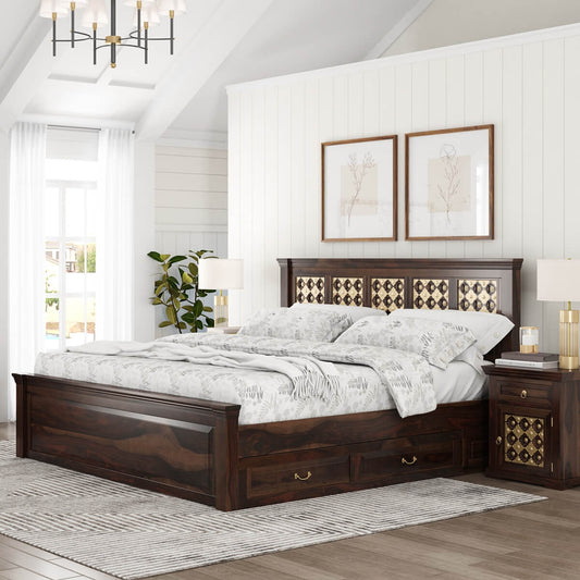 Niksa solid wood and brass bed in medium espresso finish