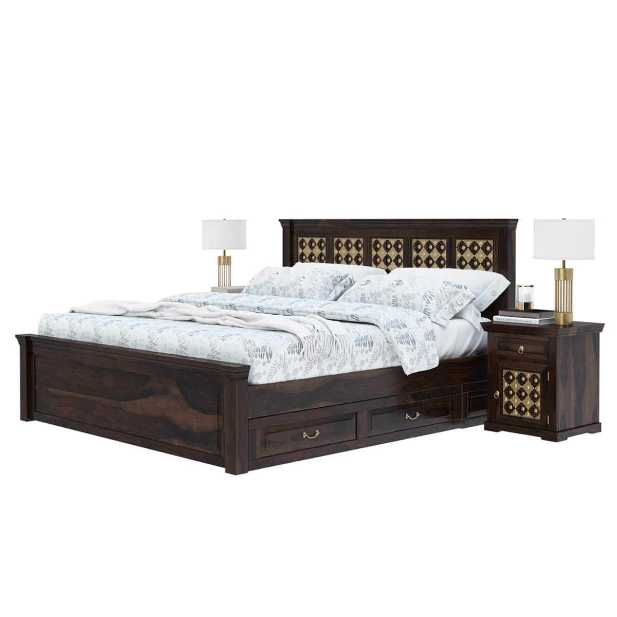 Niksa solid wood and brass bed in medium espresso finish