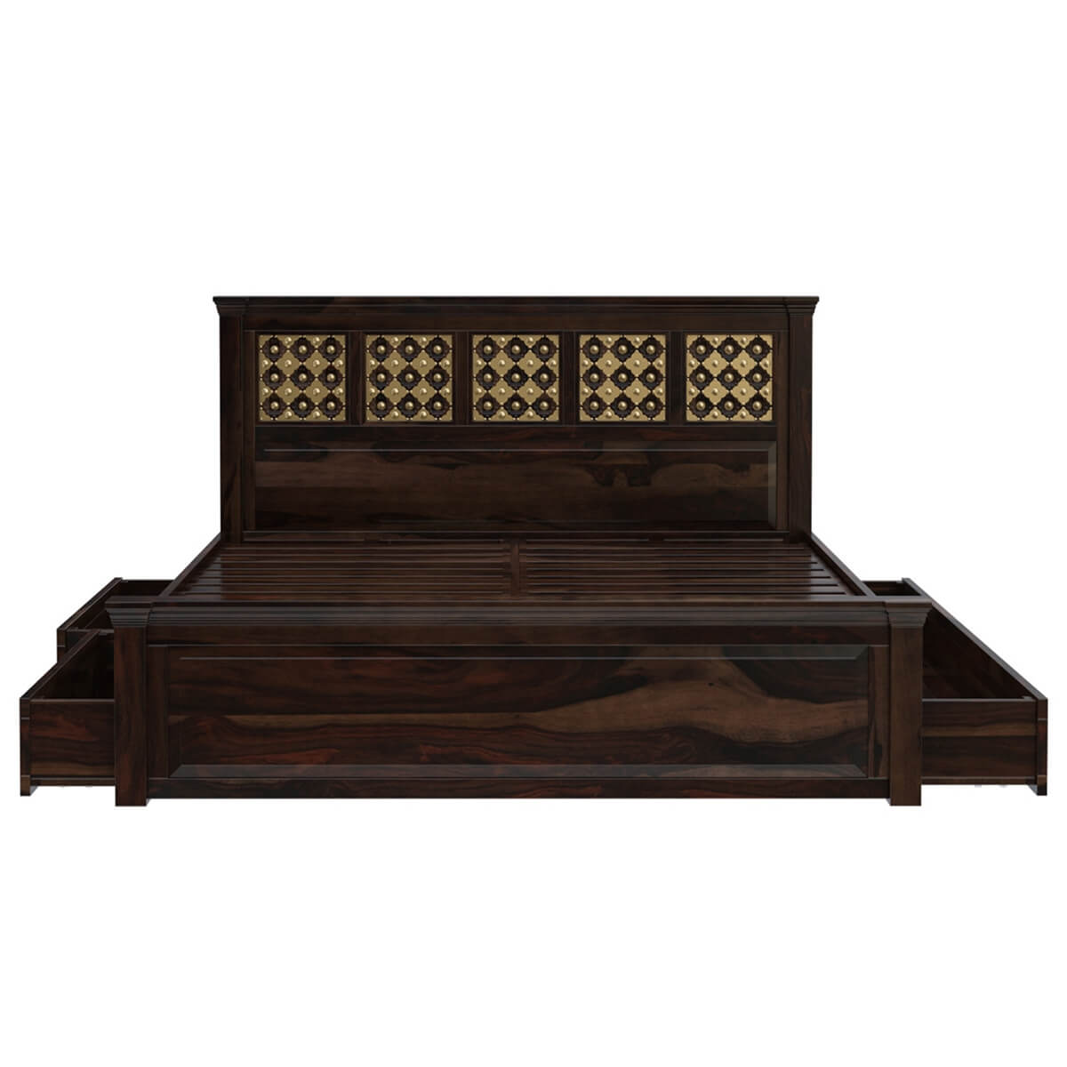 Niksa solid wood and brass bed in medium espresso finish