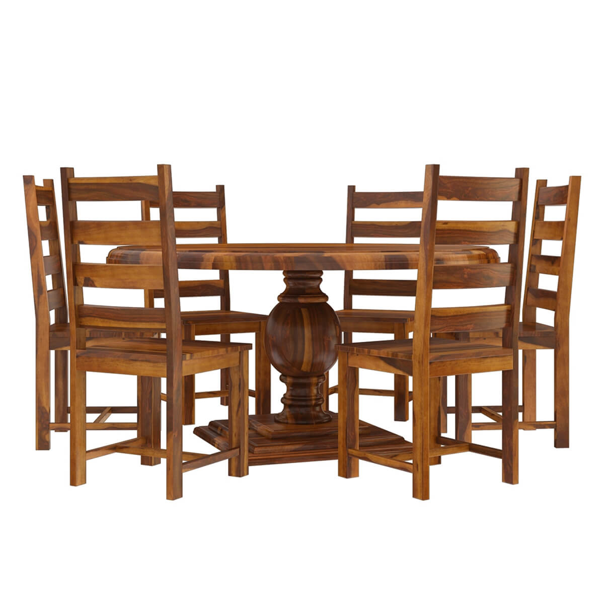 Round Solid Wood Dining Table Set With 6 Chairs In Natural Finish