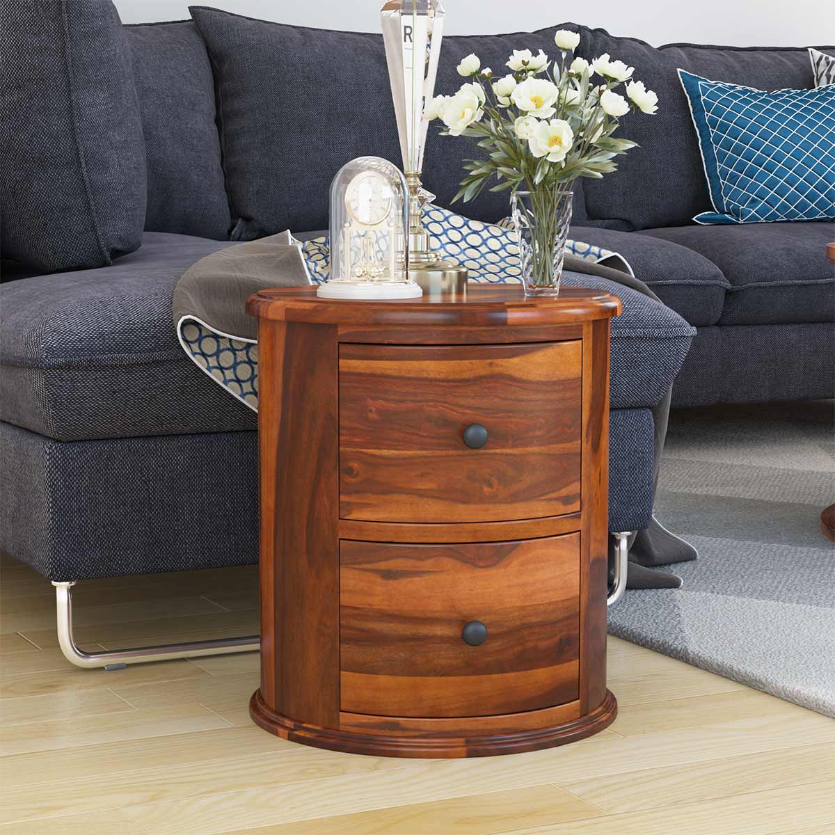 barrel solid wood bedside table in natural finish