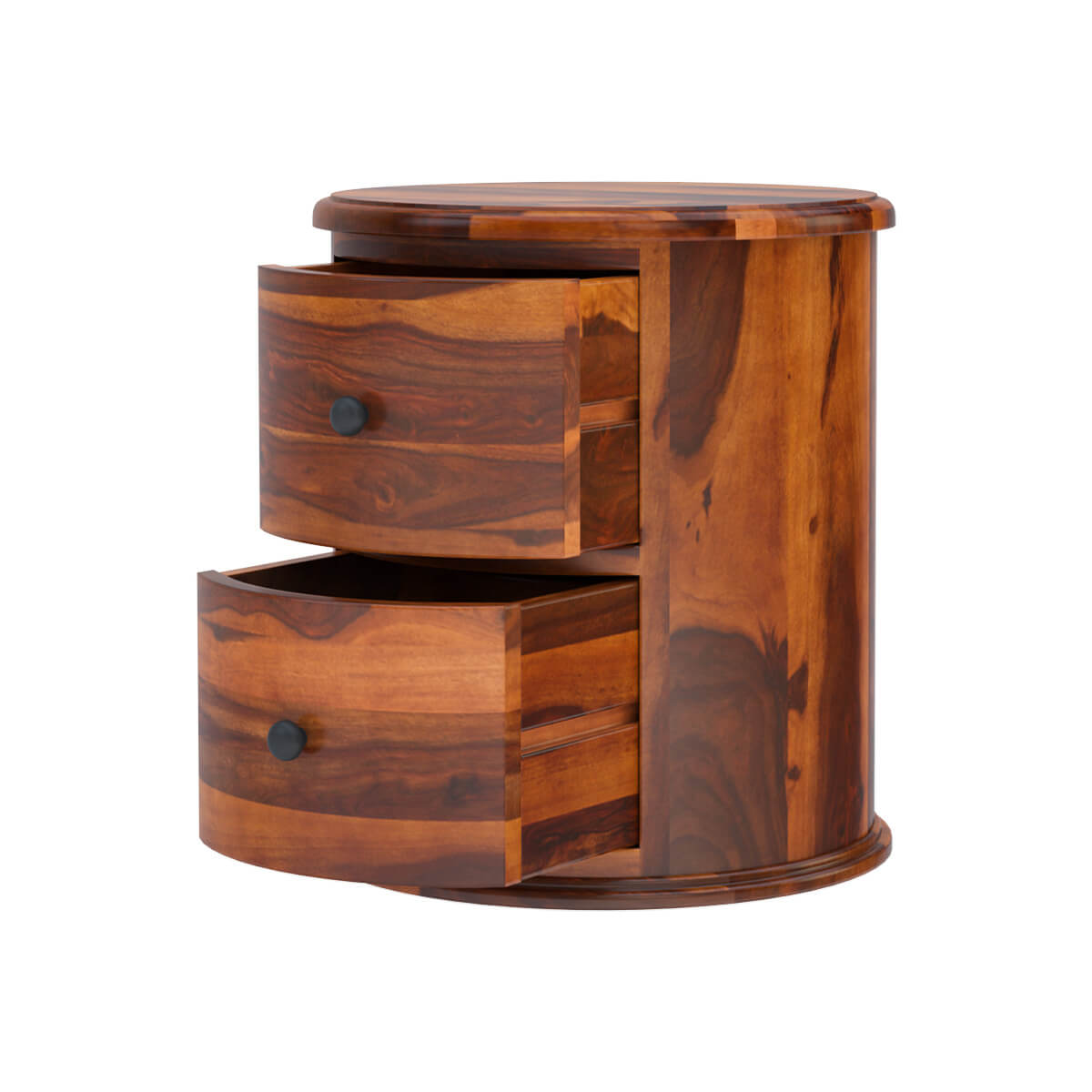 barrel solid wood bedside table in natural finish