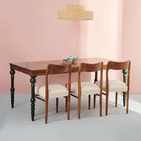 Ivinya Solid Wood Dining Table In Natural Finish And Legs In Green Finish
