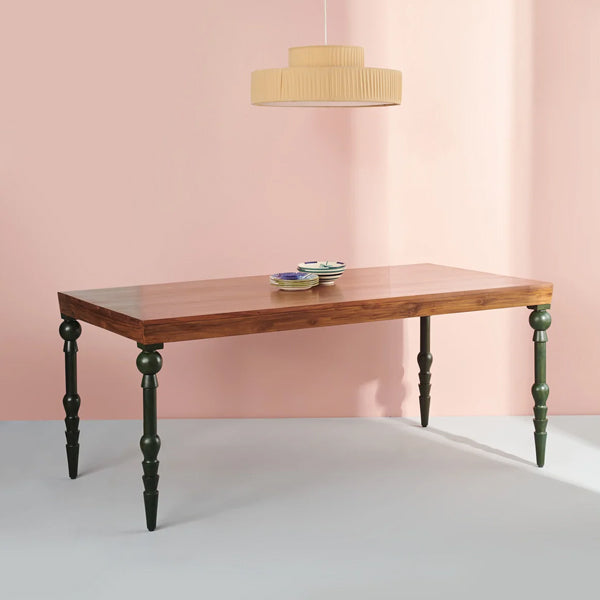 Ivinya Solid Wood Dining Table In Natural Finish And Legs In Green Finish