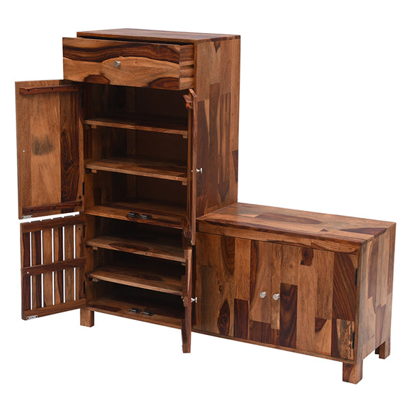 L shape solid wood shoe rack in stone finish
