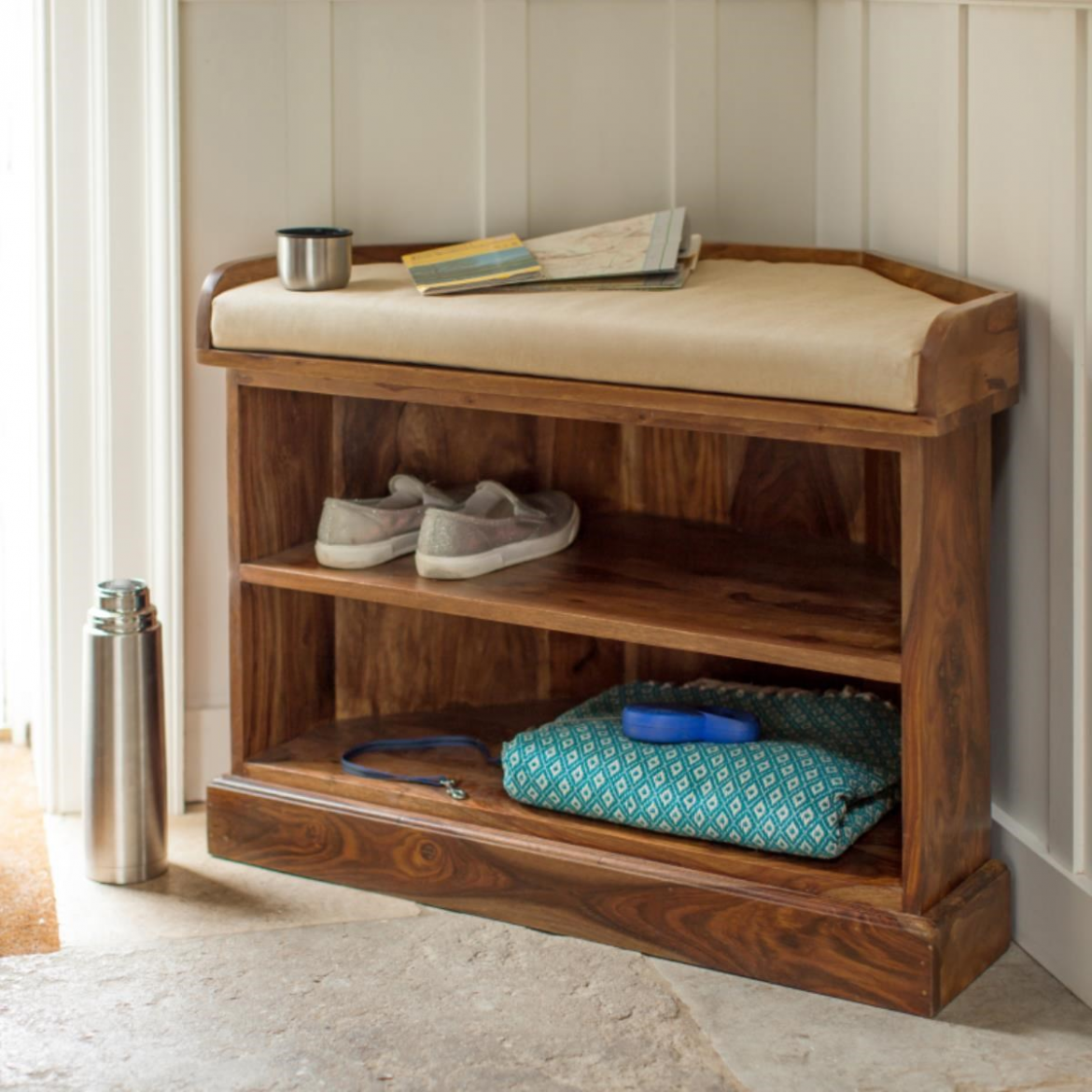 tali solid wood shoe rack in natural finish
