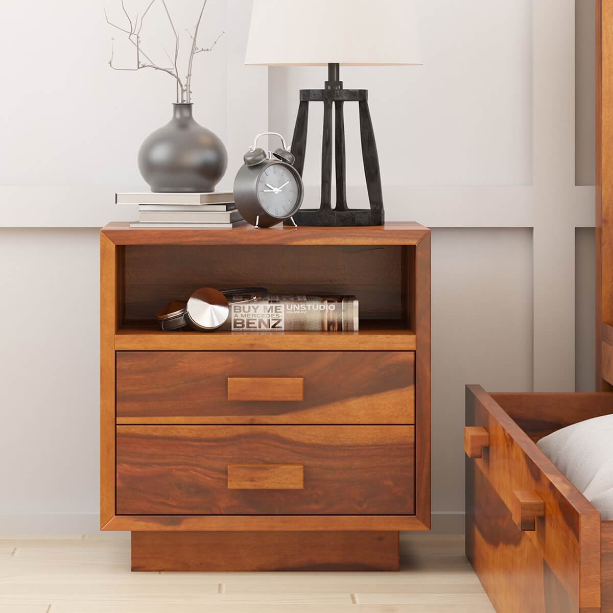 Aura solid wood bedside table in natural finish