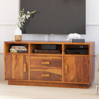 aura solid wood tv console in natural finish
