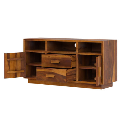 aura solid wood tv console in natural finish