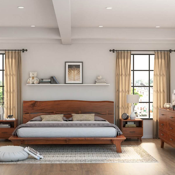 live edge solid acacia wood bed in natural finish