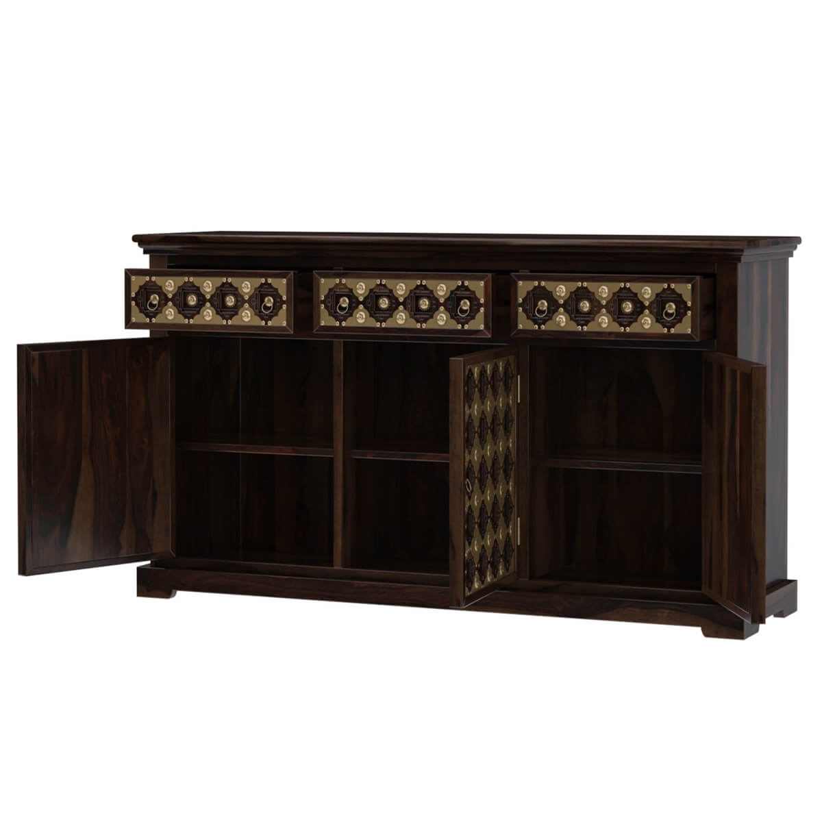 niksa royale solid wood brass inlay sideboard in walnut finish