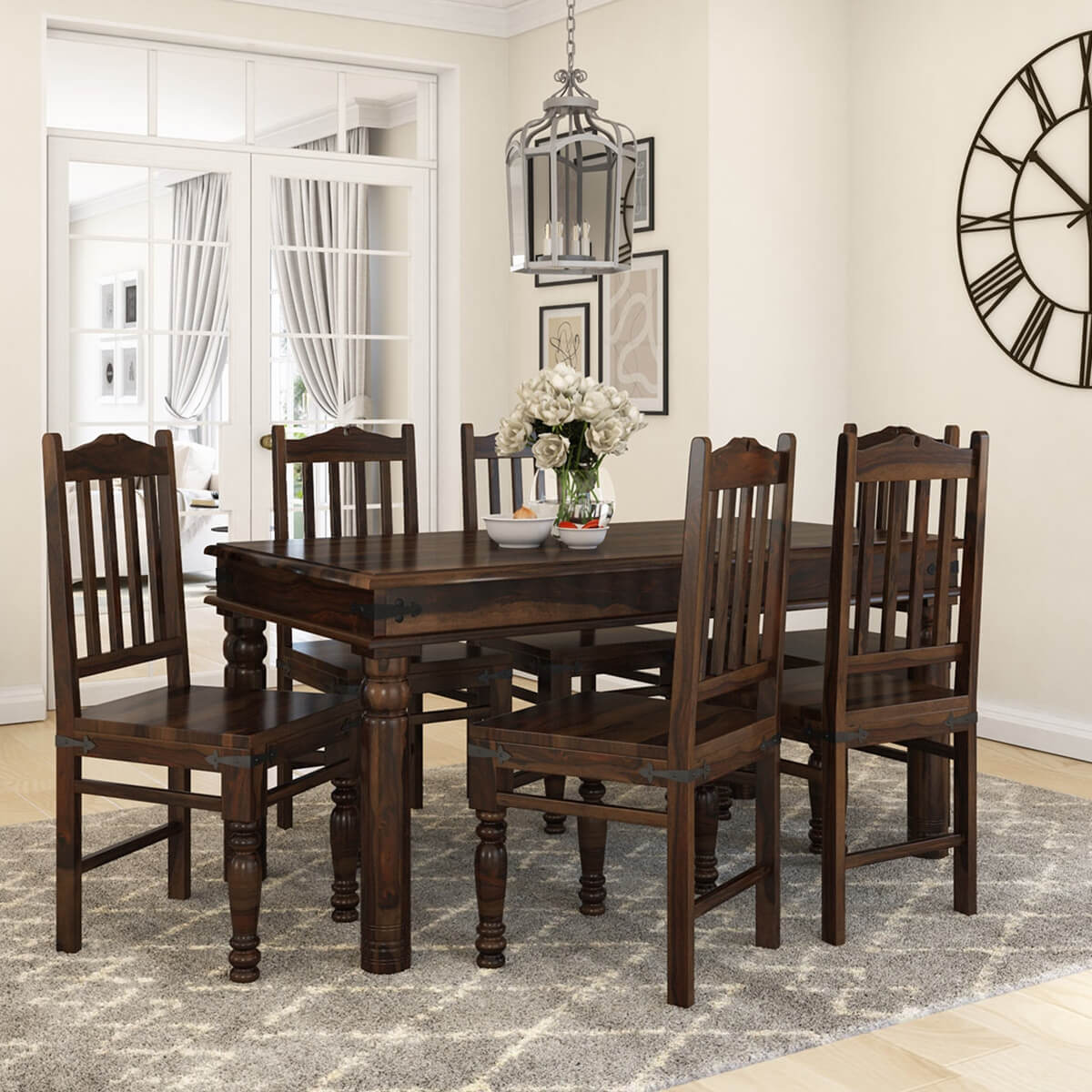 Crown Solid Wood Dining Table SET With 6 Chairs In Walnut Finish