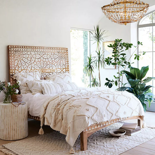 admire carved solid mango wood bed in white finish