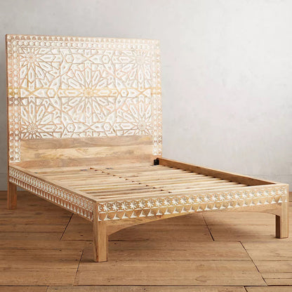 admire carved solid mango wood bed in white finish
