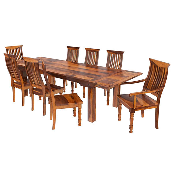 Vinai Extandable Solid Wood Dining Table Set With 8 Chairs In Natural Finish