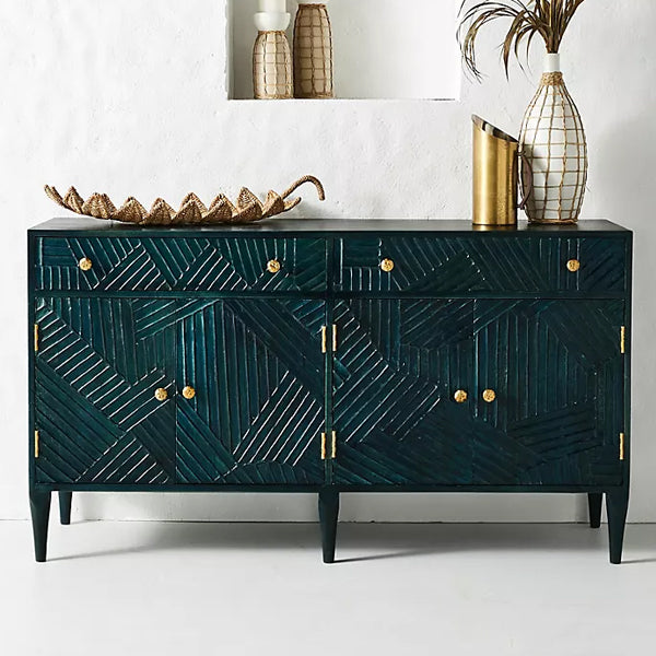 Hastkala solid wood carved sideboard in indigo finish