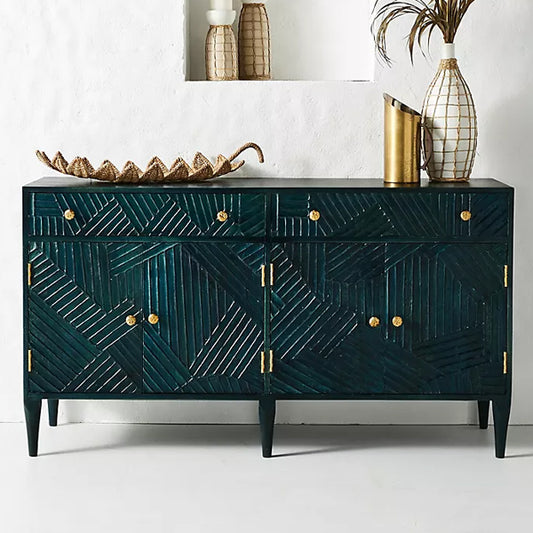 Hastkala solid wood carved sideboard in indigo finish