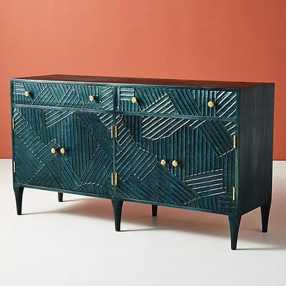 Hastkala solid wood carved sideboard in indigo finish