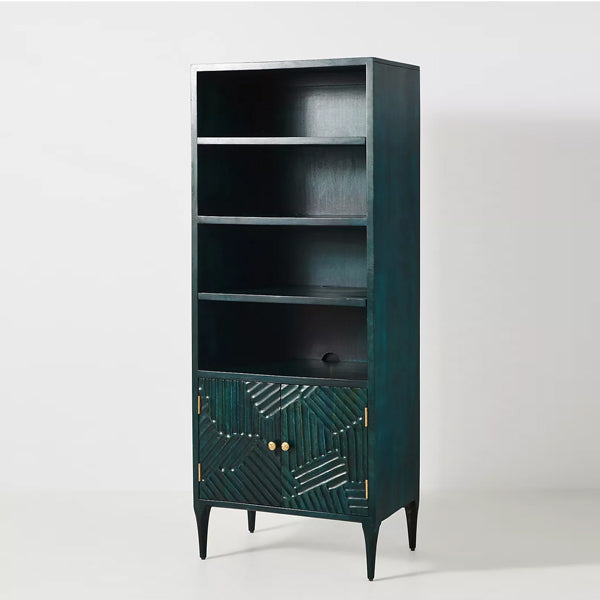 hastkala solid wood carved bookcase in indigo finish