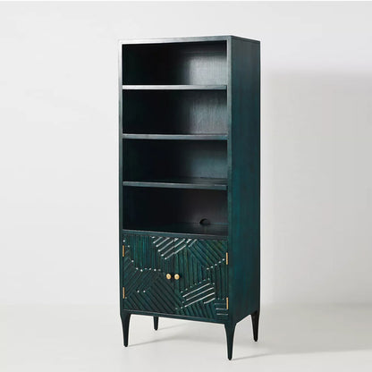 hastkala solid wood carved bookcase in indigo finish