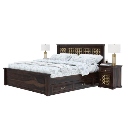 Niksa solid wood and brass bed in medium espresso finish