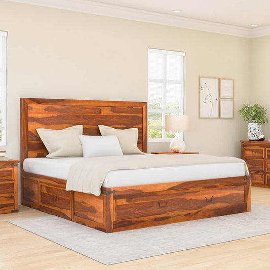 Floral solid wood bed in natural finish