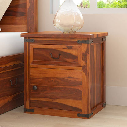 floral solid wood bedside table in natural finish