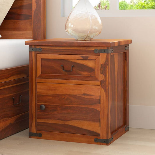 floral solid wood bedside table in natural finish