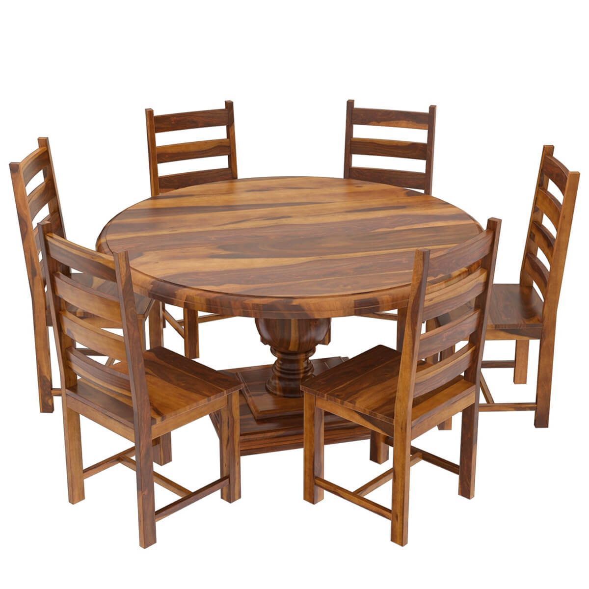 Round Solid Wood Dining Table Set With 6 Chairs In Natural Finish