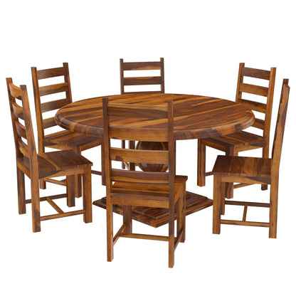 Round Solid Wood Dining Table Set With 6 Chairs In Natural Finish