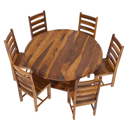 Round Solid Wood Dining Table Set With 6 Chairs In Natural Finish