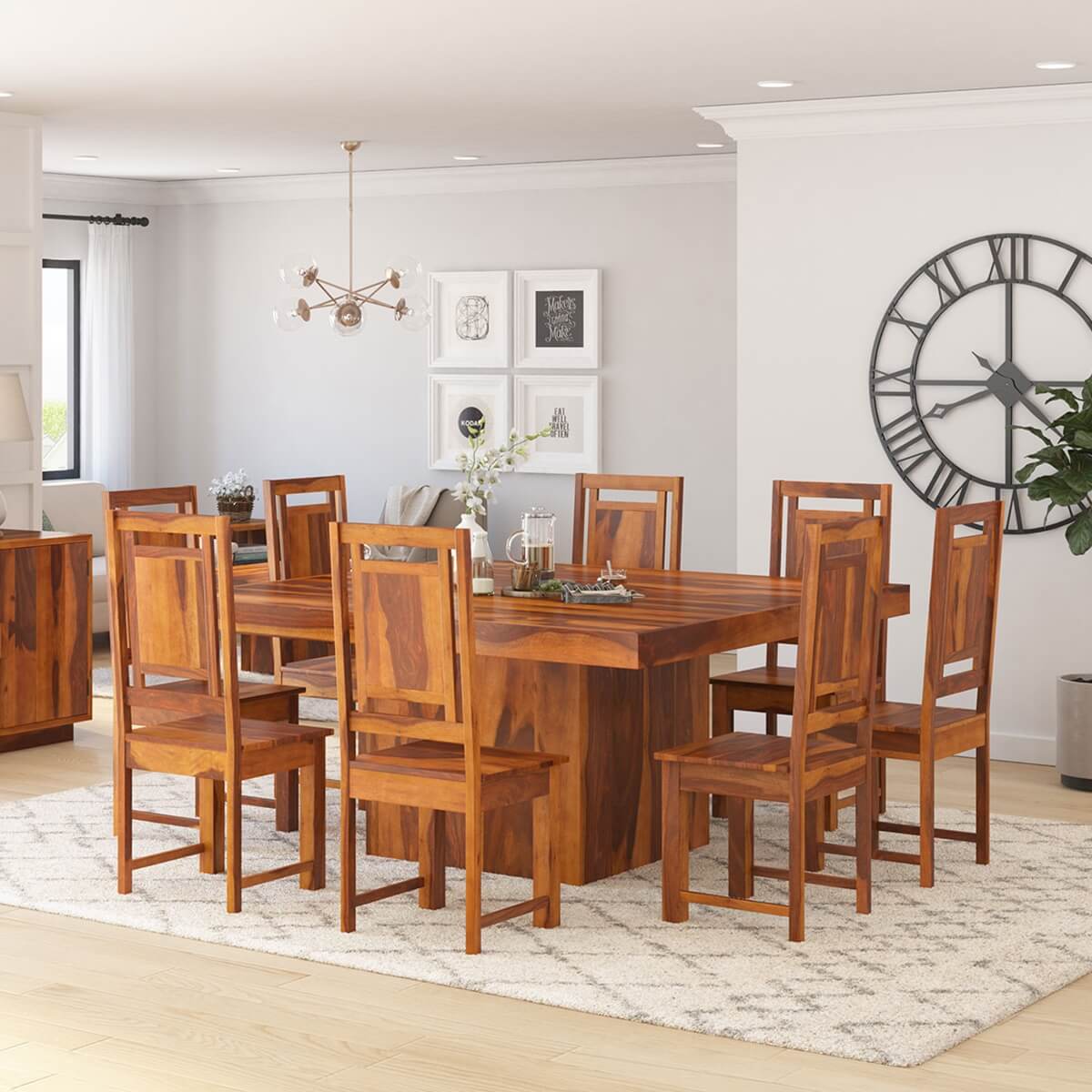 Square Solid Wood Dining Table Set With 8 Chairs In Natural Finish