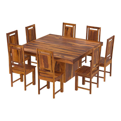 Square Solid Wood Dining Table Set With 8 Chairs In Natural Finish