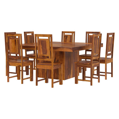 Square Solid Wood Dining Table Set With 8 Chairs In Natural Finish