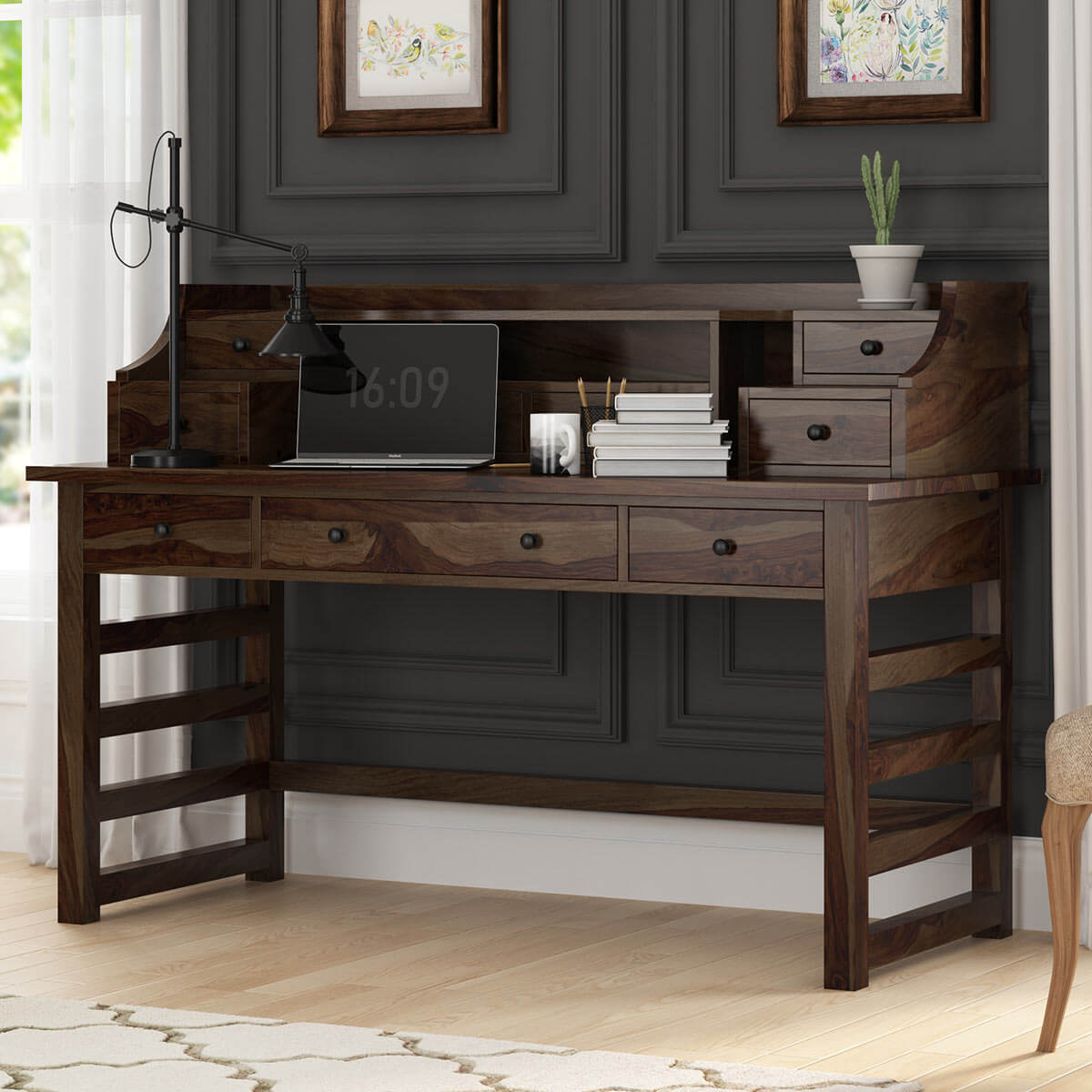 everest solid wood writing desk with hutch in walnut finish