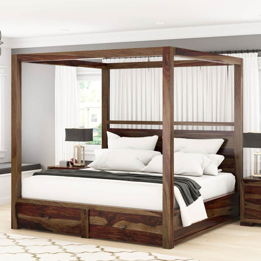 udsar solid wood poster/canopy bed in medium espresso finish with storage
