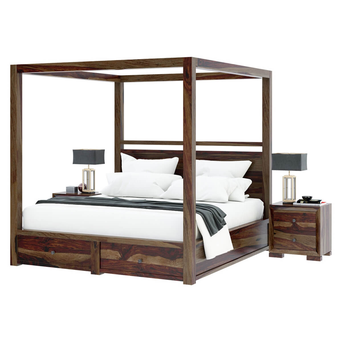 udsar solid wood poster/canopy bed in medium espresso finish with storage